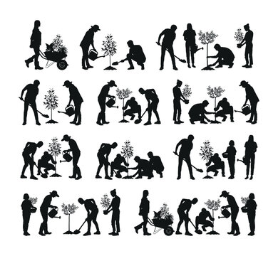 People planting trees outdoor black silhouette set. Digging ground, watering plant, carrying pot, pushing wheelbarrow, gardening activities silhouettes images collection.