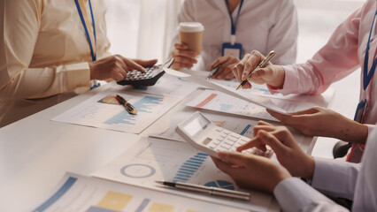 Close up brainstorming of asian businesswoman, bookkeeping, industrial sector of government...