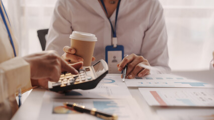 Close up brainstorming of asian businesswoman, bookkeeping, industrial sector of government...