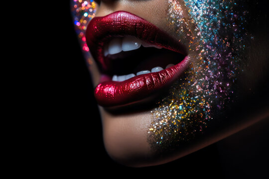 image focusing on a mouth with glitter and colorful lip glosses.
