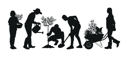 Silhouette of people planting outdoor nature. Digging hole, watering plant, pushing wheelbarrow, gardening activities set.