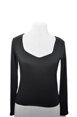 Black long-sleeved t-shirt with a neckline on a white background
