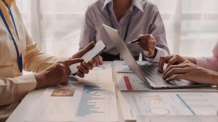 Close up brainstorming of asian businesswoman, bookkeeping, industrial sector of government...