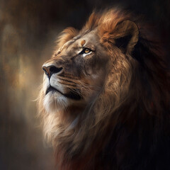 Naklejka premium Lion, majestic background with golden lighting