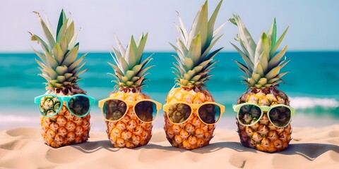 Tropical happy pineapples with sunglasses on the beach, generative ai