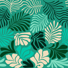 Fototapeta premium Multicolor abstract background with tropical palm leaves in Matisse style. Vector seamless pattern with Scandinavian cut out elements.