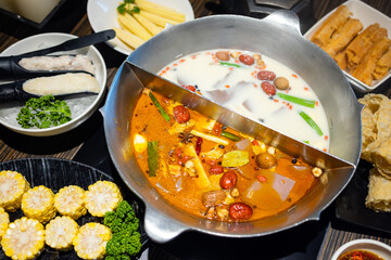 Taiwanese hot pot in restaurant with two flavor