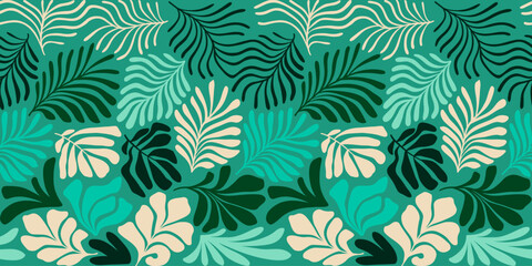 Multicolor abstract background with tropical palm leaves in Matisse style. Vector seamless pattern with Scandinavian cut out elements.