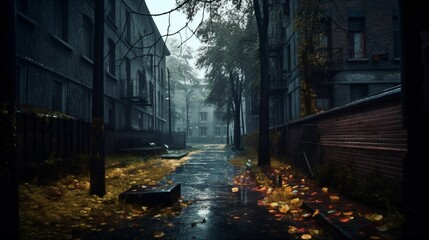 Fototapeta na wymiar ruelle abandonnée, illustration d'une rue sombre et effrayante sous la pluie, ia générative
