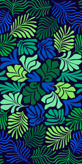 Naklejka na ściany i meble Multicolor abstract background with tropical palm leaves in Matisse style. Vector seamless pattern with Scandinavian cut out elements.