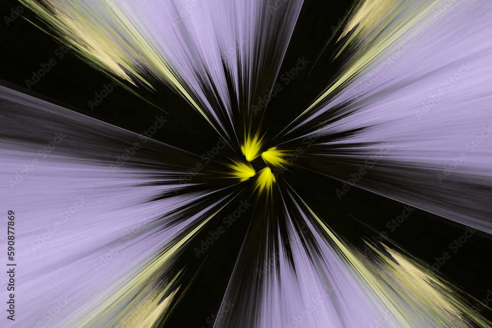 Aufkleber violet yellow pattern of crooked rays from the center on a black background. abstract fractal 3d ren
