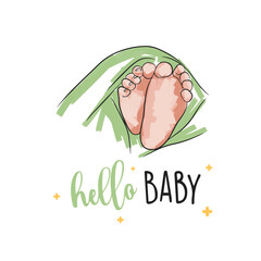 Baby feet of a newborn, postcard with bed strokes, hello baby, in doodle style