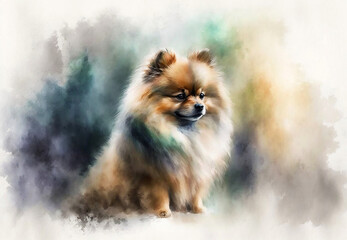 Watercolor pomeranian dog portrait. A painting of a dog. Generative AI 