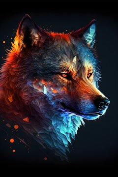 low poly abstract wolf portrait made by triangles a dark sky with an even dark moon blending with the sky adobe photoshop welllit sharpfocus artistic unique awardwinning photographm profesional 