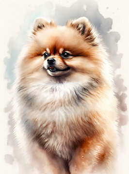 Watercolor pomeranian dog portrait. A painting of a dog. Generative AI 