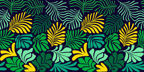 Multicolor abstract background with tropical palm leaves in Matisse style. Vector seamless pattern with Scandinavian cut out elements.