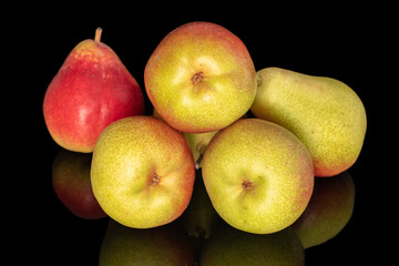 A few delicious tasty pears, close-up, on a black background.
