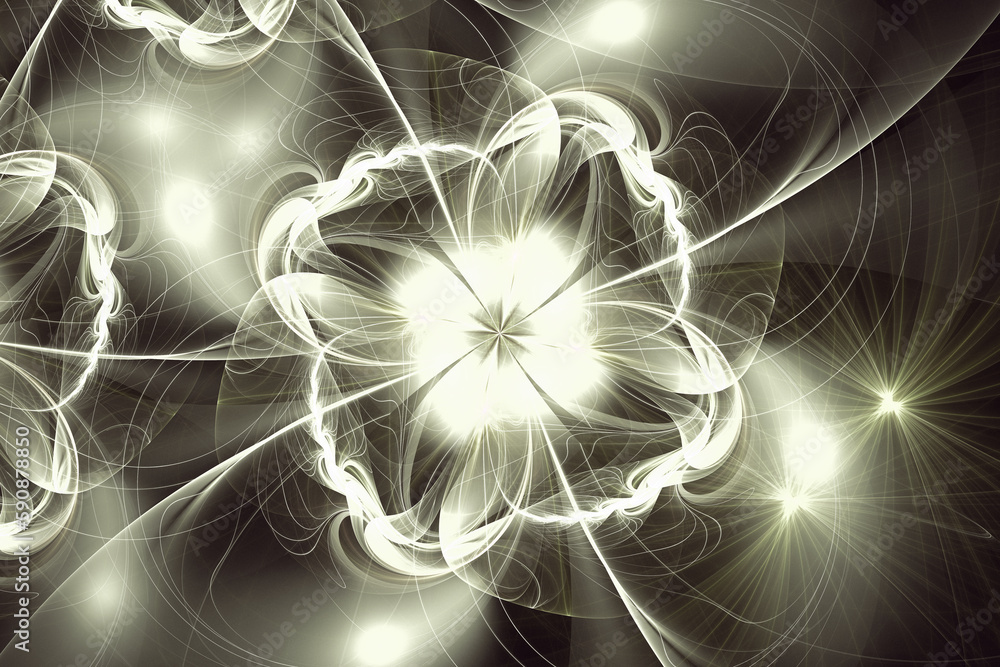 Aufkleber yellow glowing floral pattern of crooked waves and rays on a black background. abstract fractal 3d r