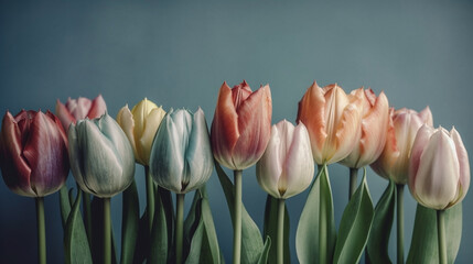 Tulips isolated in a row - springtime flower background