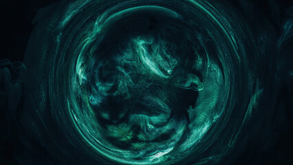 Mist circle. Round frame. Mystic vortex. Green blue color glowing sparkling glitter particles in smoke swirl on dark black abstract background.