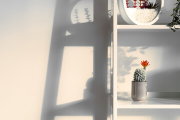 Shelving unit with artificial cactus near light wall