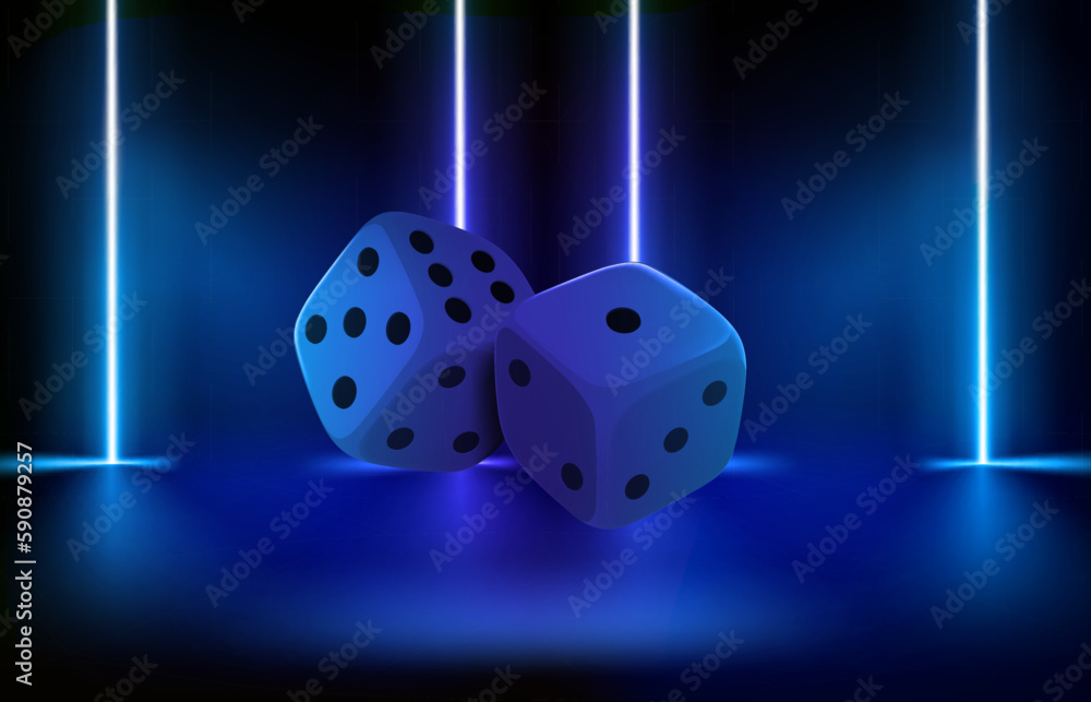 Poster dice on background with blue neon. 3d vector illustration
