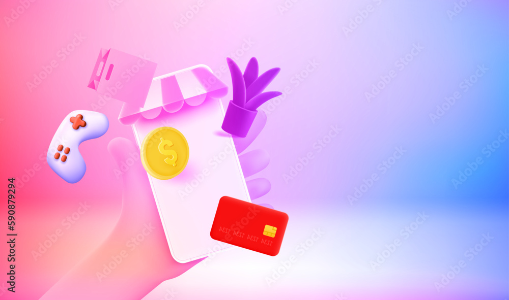 Aufkleber Making purchasing online concept. 3d vector banner with copy space