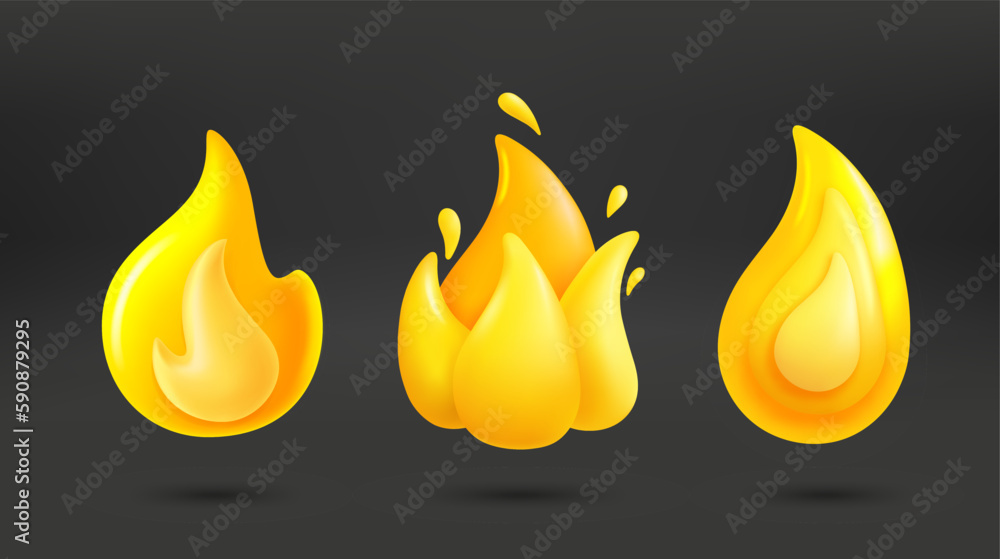 Poster yellow flames collection. 3d vector icons isolated on dark background