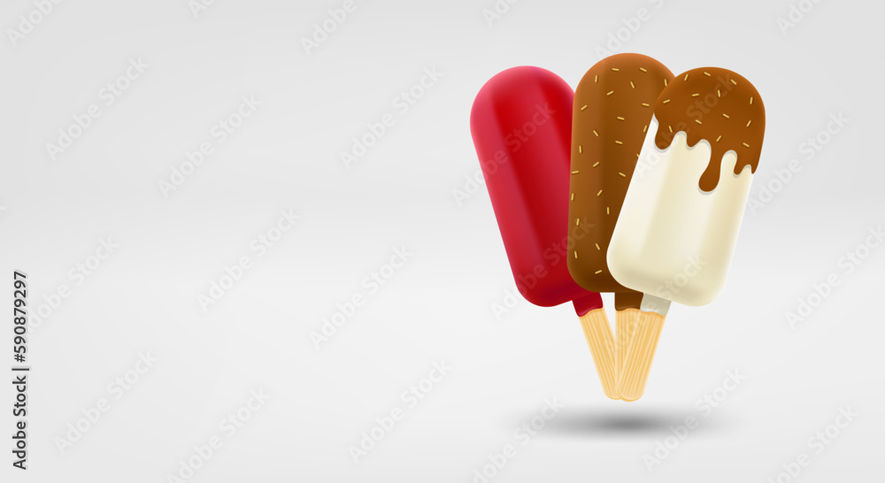 Poster ice cream. 3d vector banner with copy space