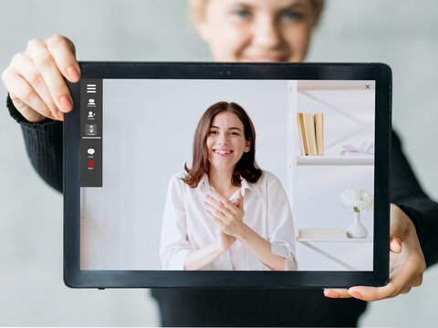 E-learning Course. Video Chat. Digital Education. Virtual Conference. Female Student Showing Online Satisfied Teacher Applauding On Tablet Screen.