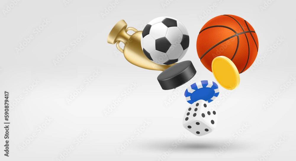 Aufkleber gambling concept with different sport game inventory. 3d vector banner with copy space