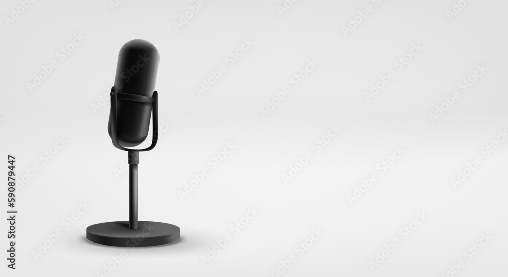 Poster black microphone. 3d vector banner with copy space