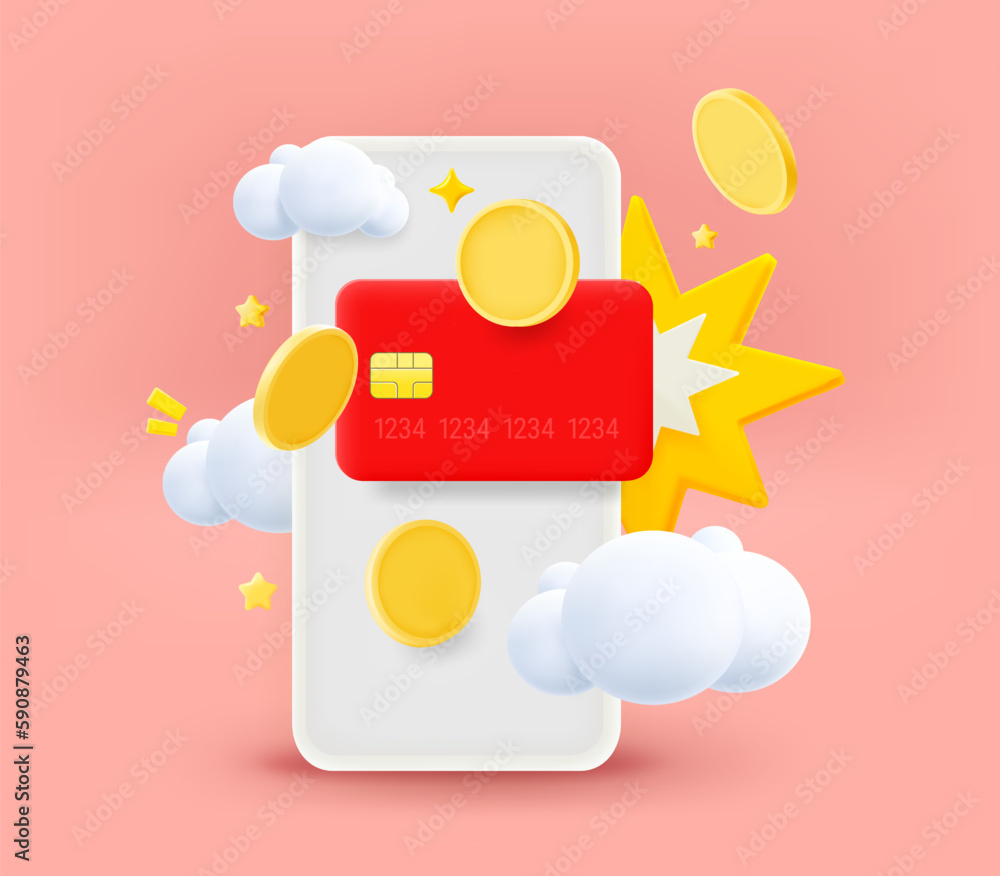 Poster digital online payment via modern smartphone. 3d vector illustration
