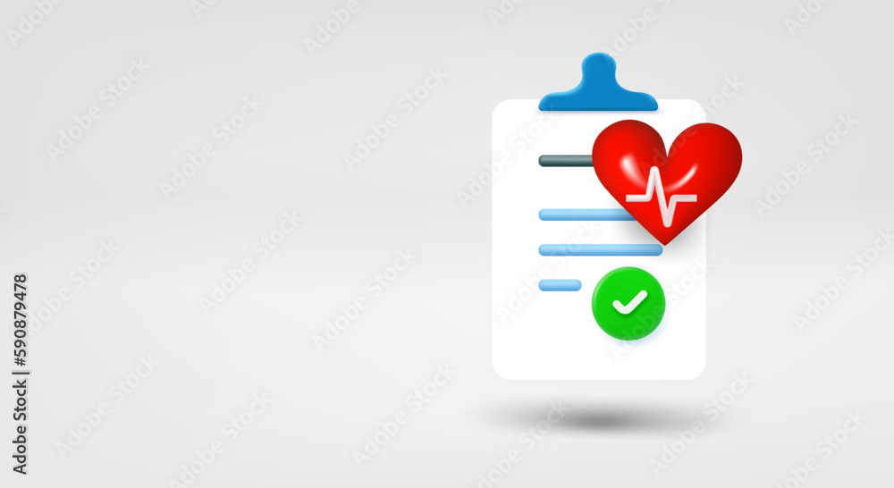 Poster anamnesis on clip board with heart. 3d vector banner with copy space