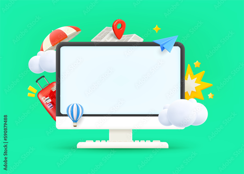 Poster Computer monitor with travel elements and blank screen. 3d vector illustration
 
