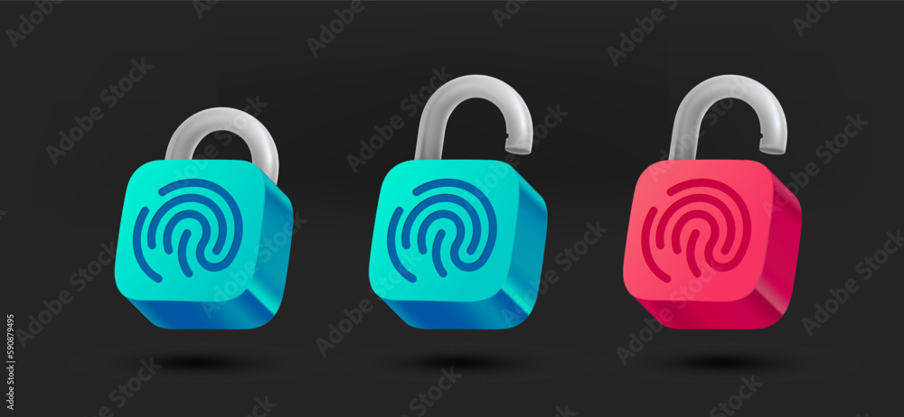 Poster locked and unlocked padlock with fingerprint collection. 3d vector isolated on black background