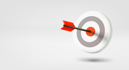 Dart in a bullseye. 3d vector banner with copy space
