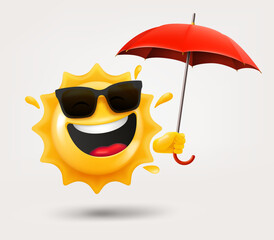 Happy sun emoji with umbrella in a hand. 3d vector isolated on white background