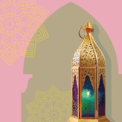 A beautiful photo for 'Ramadan Kareem' greetings. An illuminated traditional Ramadan lantern on dark background with clear space for message.
