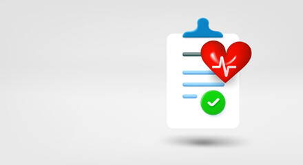 Anamnesis on clip board with heart. 3d vector banner with copy space