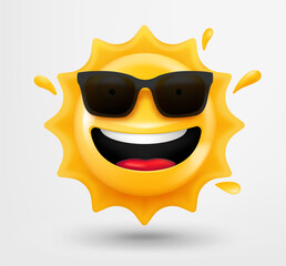 Laughing sun emoticon. 3d vector emoji isolated on white background 