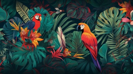 A pair of leggings with a bold, graphic print featuring tropical foliage and birds Generative AI