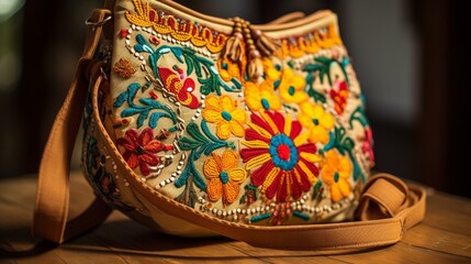 A stylish crossbody bag with intricate embroidery and beading in a traditional Panama style Generative AI