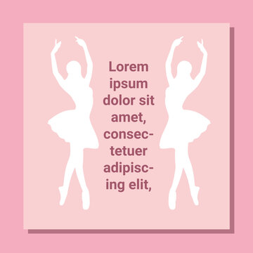 Theatre ticket design. Ballet flyer template. Ballerina silhouette in the tutu and pointe shoe. Pink card design with copy space text. Vector illustration