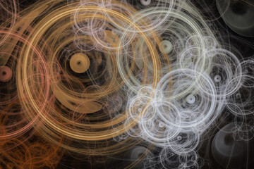 Orange gray pattern of crooked circles on a black background. Abstract fractal 3D rendering