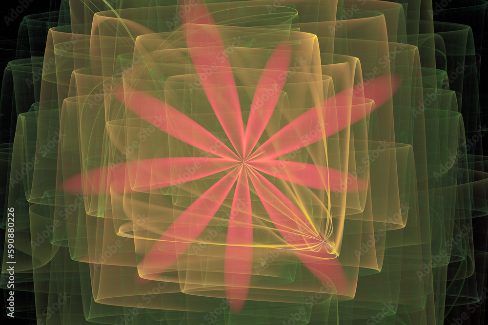 Aufkleber red yellow floral pattern of crooked waves on a black background. abstract fractal 3d rendering