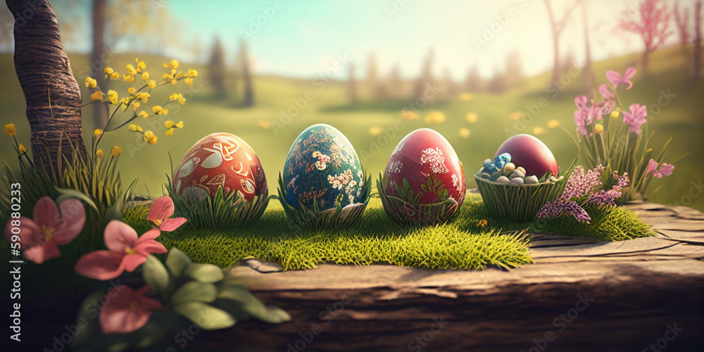 Poster easter eggs on the table and on the grass on an outdoor background generative ai