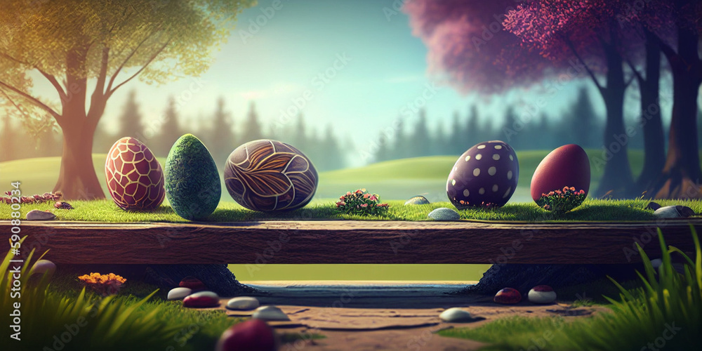 Poster easter eggs on the table and on the grass on an outdoor background generative ai