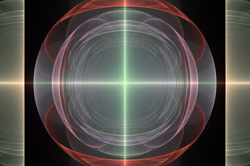 Green red glowing pattern of curved shapes and rays on a black background. Abstract fractal 3D rendering