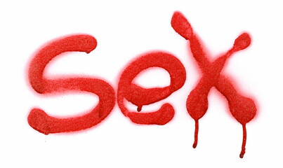 Red spray stain word sex, painted graffiti isolated on white, clipping